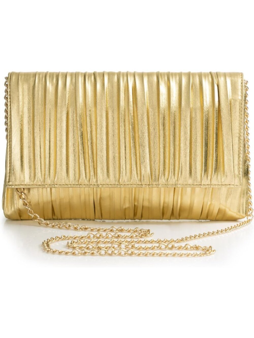 Women Gold Pleated Envelope Clutch Metallic Wedding Party Evening Purse Bas